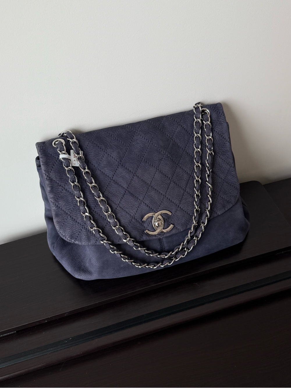 CHANEL Navy Blue Nubuck Natural Beauty Flap Large SHW